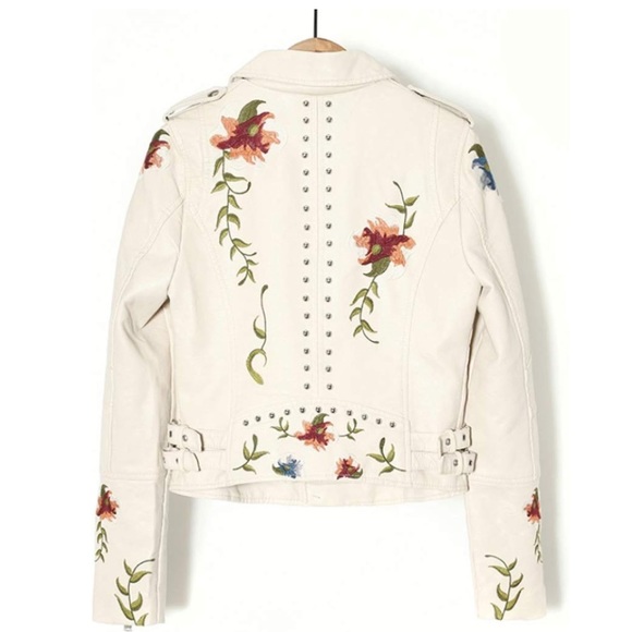 🎉New Chic Ivory Floral Print Embroidery FauxLeather Moto Jacket - Picture 10 of 16